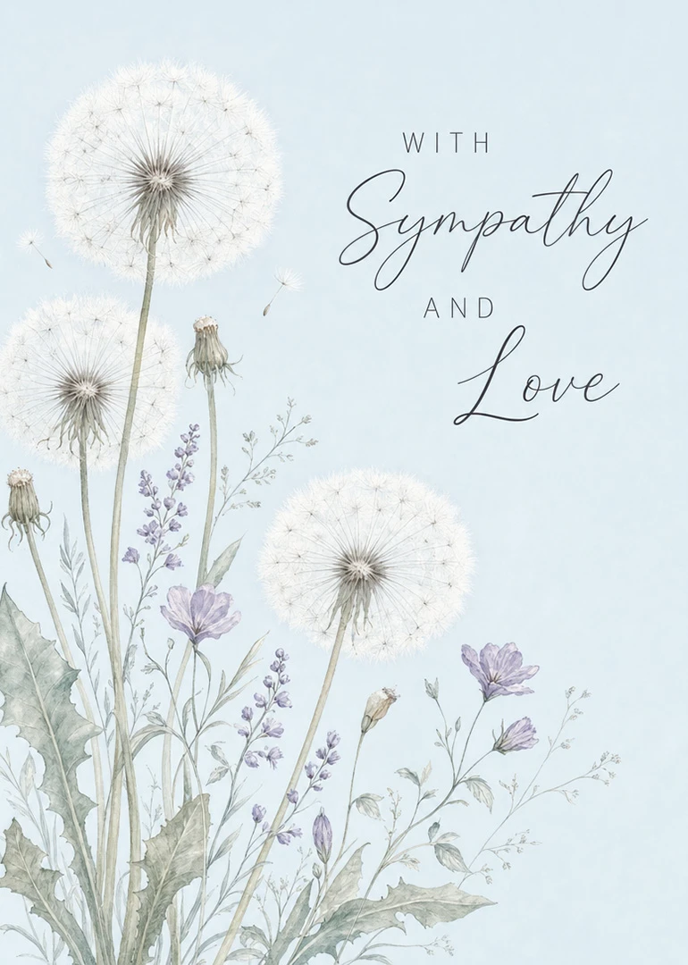Soft watercolour dandelions and lavender flowers with With Sympathy and Love on pale blue background.