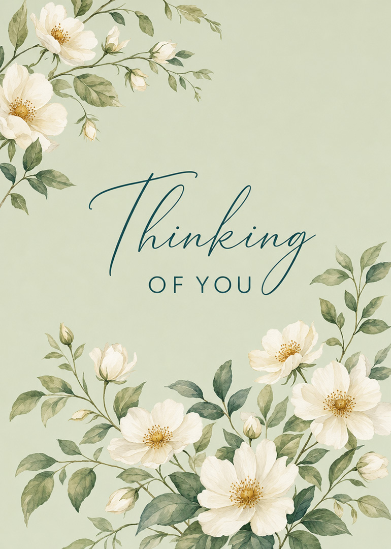 Sympathy card with white flowers and thinking of you message on green background