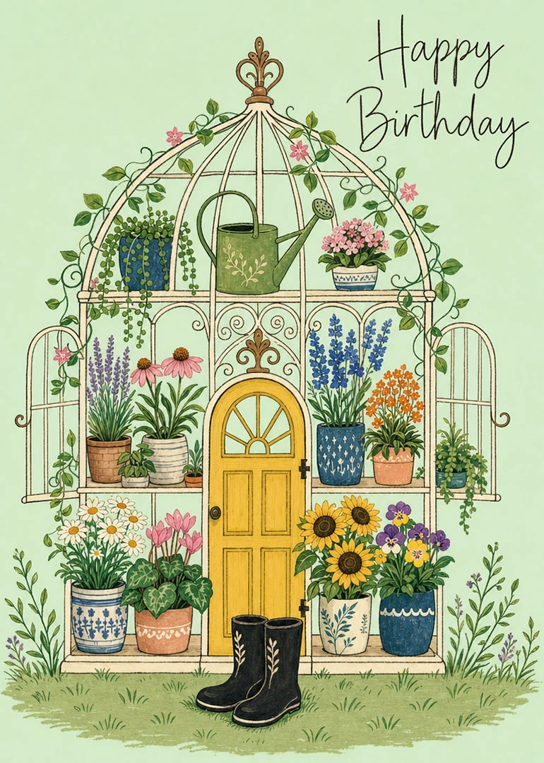 Watercolor greenhouse filled with flowers, watering can, and boots beneath Happy Birthday text.