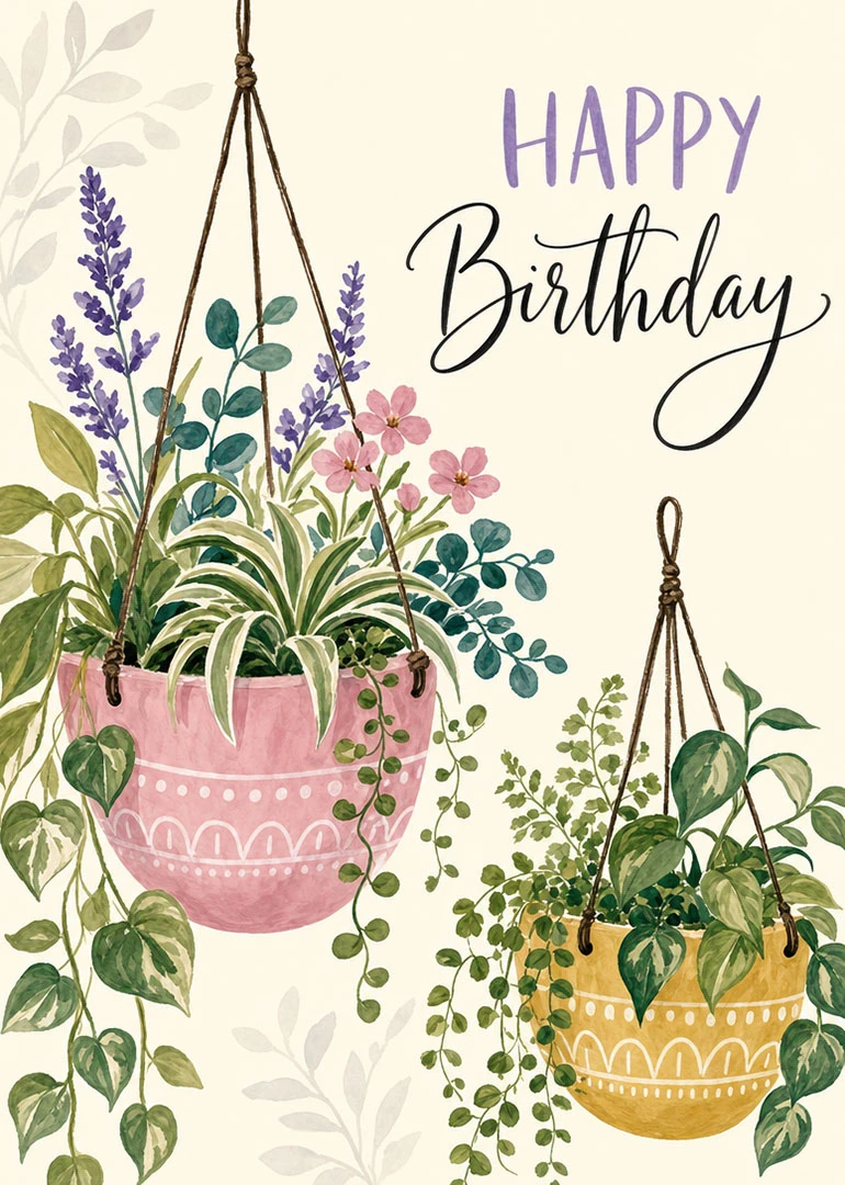 Watercolor hanging plant baskets with flowers and Happy Birthday text in soft pastel tones.