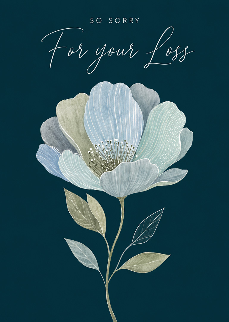 Sympathy card with delicate blue and green flower on dark background