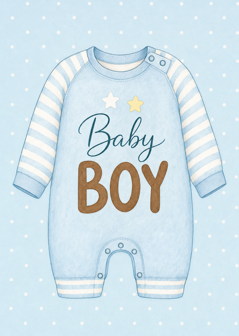 Blue baby boy onesie with stripes and stars on polka dot background