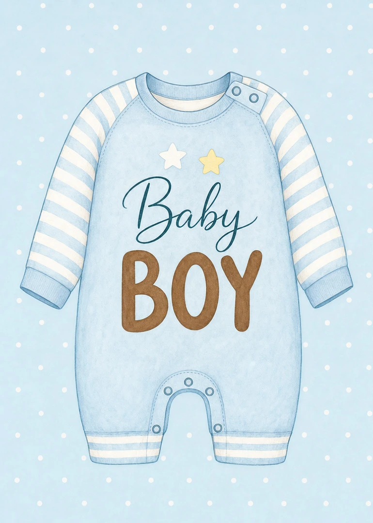 Blue baby boy onesie with stars and stripes on a soft light polka dot background.