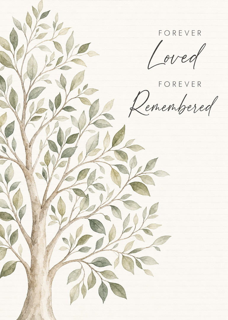 Sympathy card with watercolor tree and text forever loved forever remembered