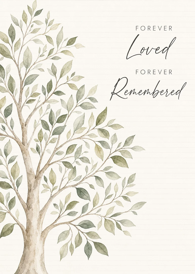 Watercolor tree with green leaves and Forever Loved Forever Remembered message on soft cream background.