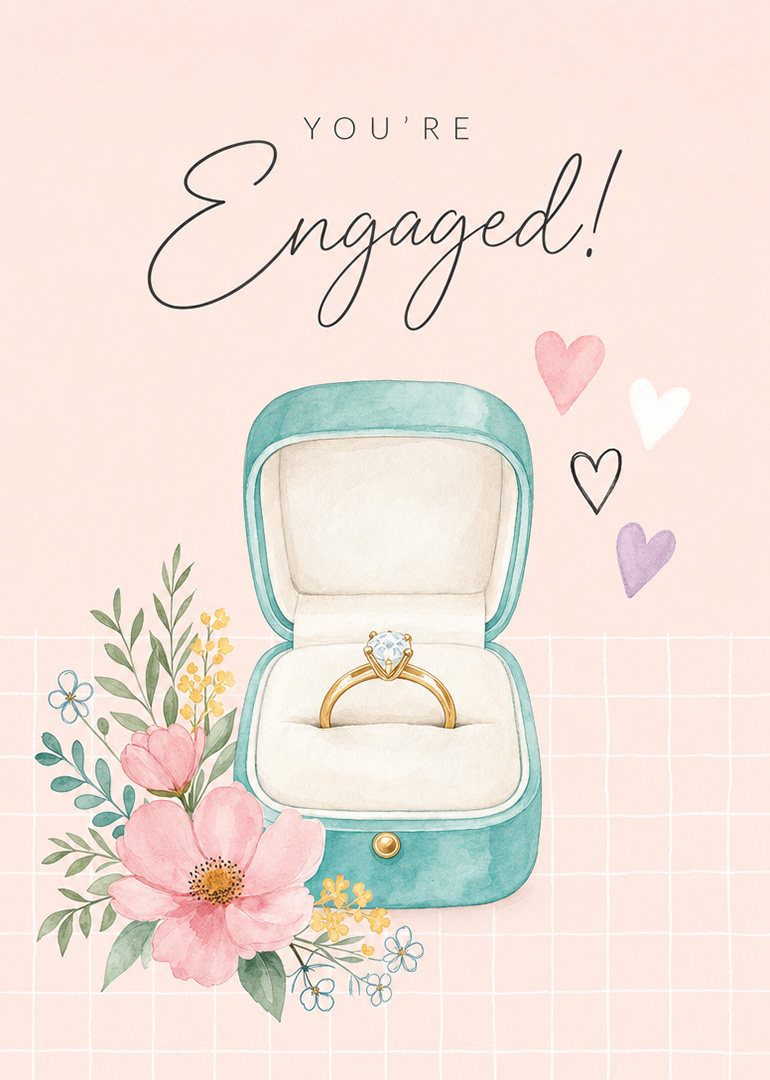 Engagement ring in a blue box surrounded by flowers and hearts