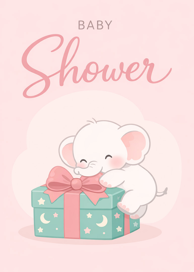 White bunny with pink cheeks next to a blue gift with pink bow on pink background