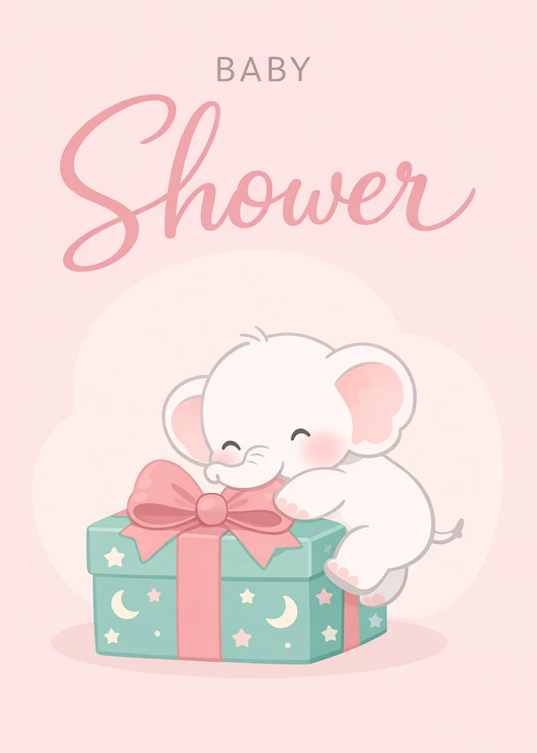Pink baby shower card with smiling elephant hugging a teal gift box wrapped in ribbon.