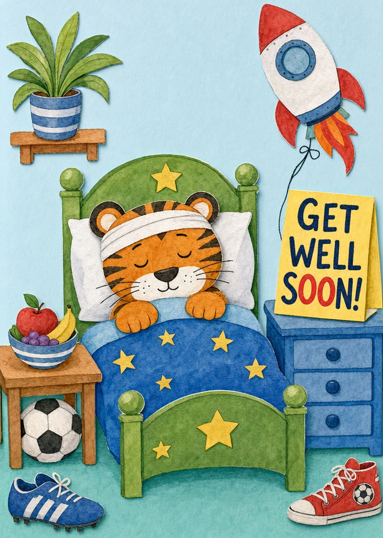 Sleeping tiger in bed with Get Well Soon sign, rocket, fruit, and sporty room decor.