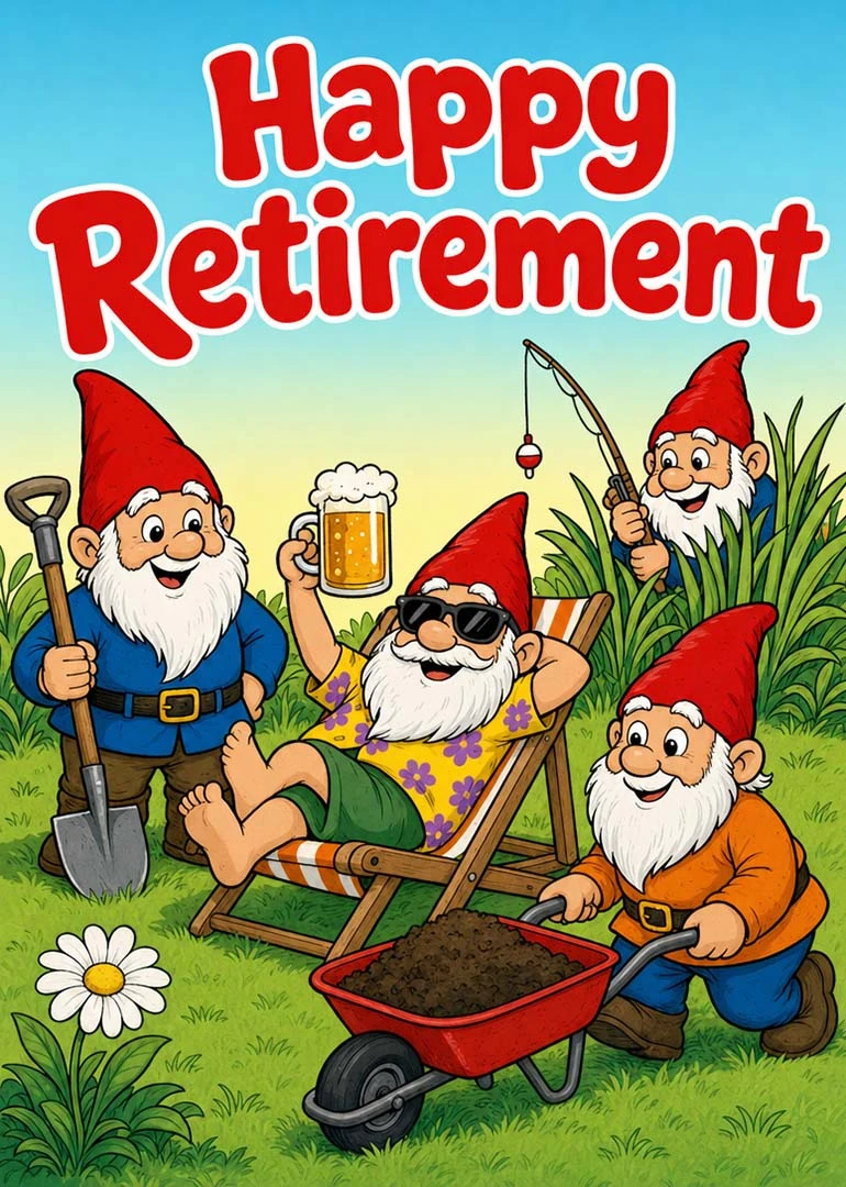 Cartoon gnomes celebrate happy retirement with gardening tools, a beer mug, fishing rod, and wheelbarrow.