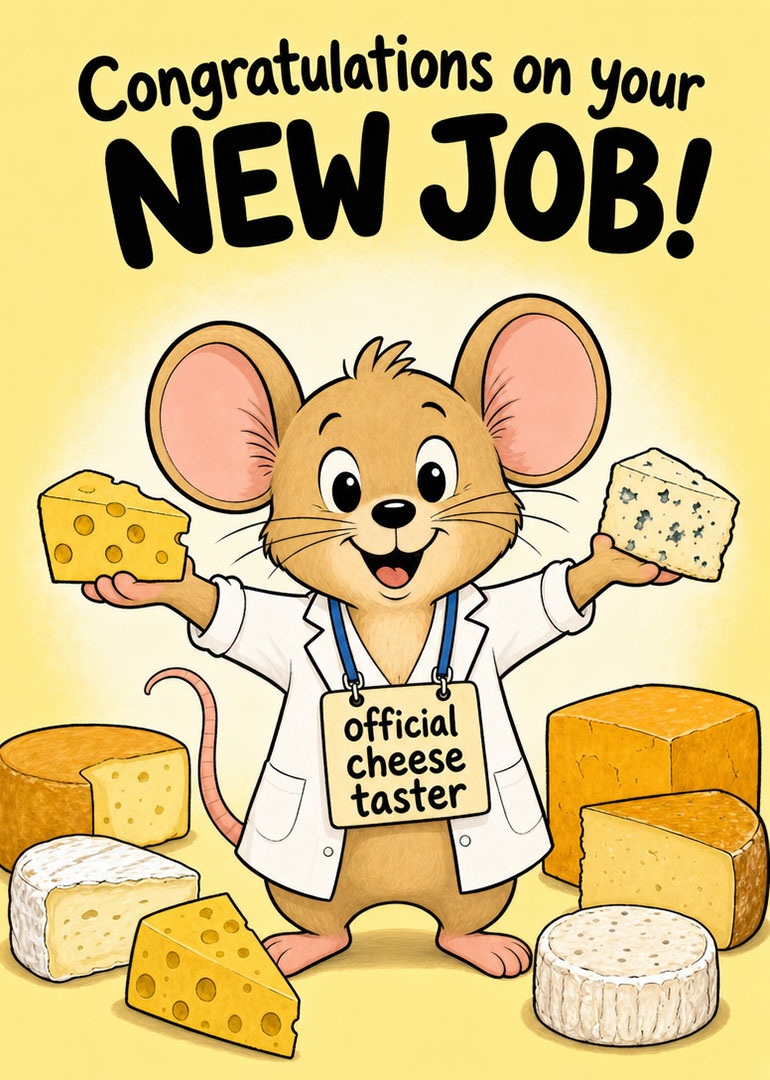 Smiling cartoon mouse in lab coat holding cheese congratulating new job