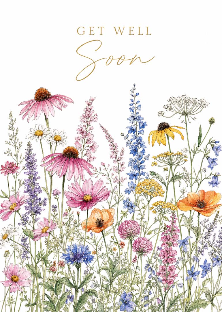Watercolor wildflowers with stylish get well soon text on white background