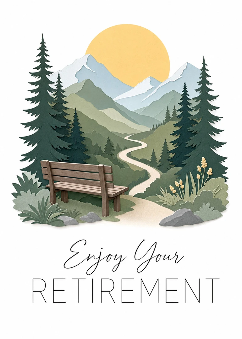 A serene mountain landscape with a bench and the words Enjoy Your Retirement in elegant script.