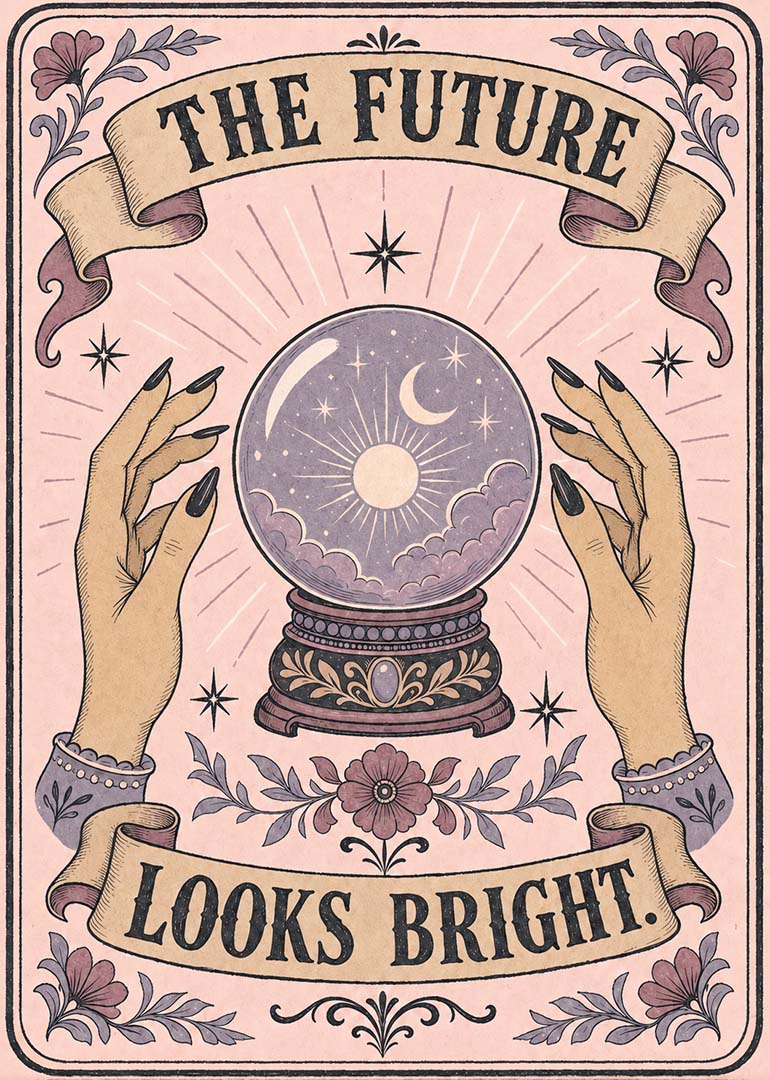 Vintage card with crystal ball and the words The Future Looks Bright
