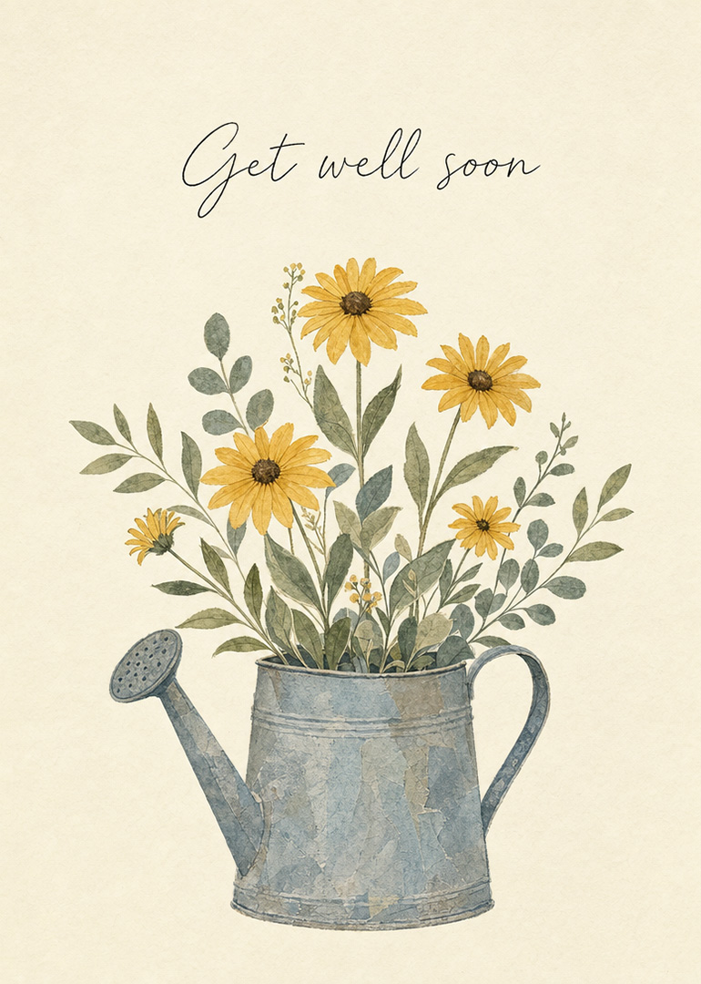 Watercolor watering can with yellow flowers and get well soon text
