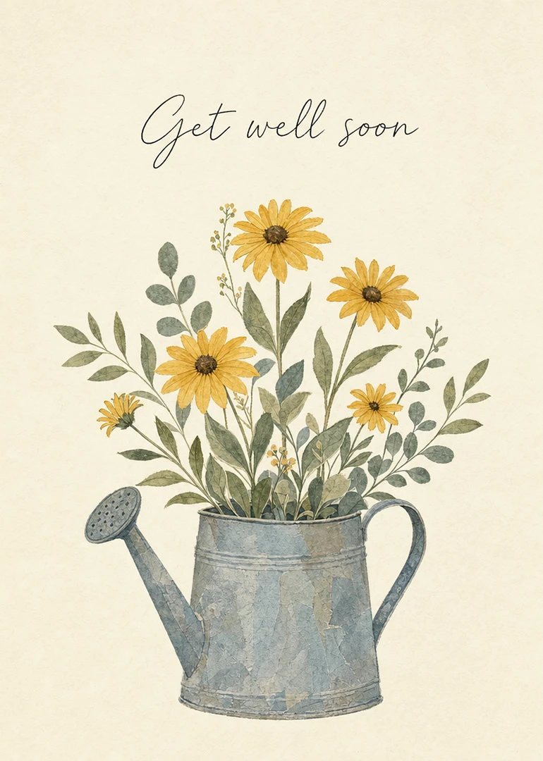 Watercolor watering can filled with yellow flowers and get well soon text on cream paper.