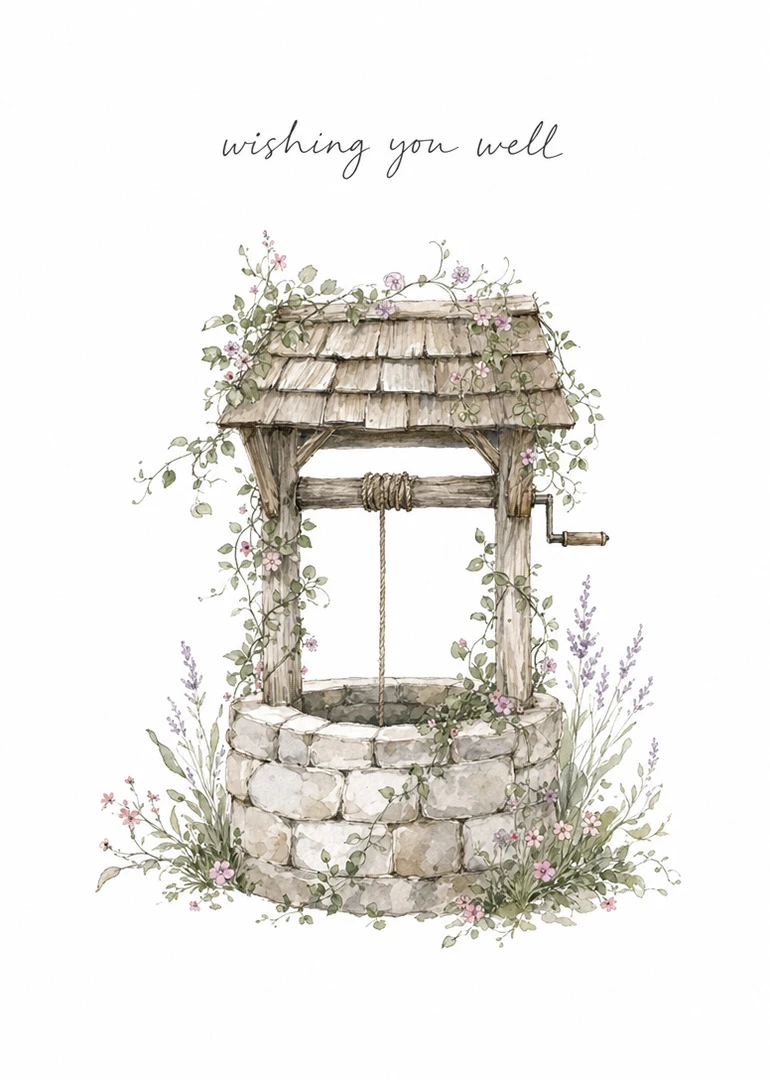Watercolor wishing well surrounded by flowers with the words wishing you well above it gently.