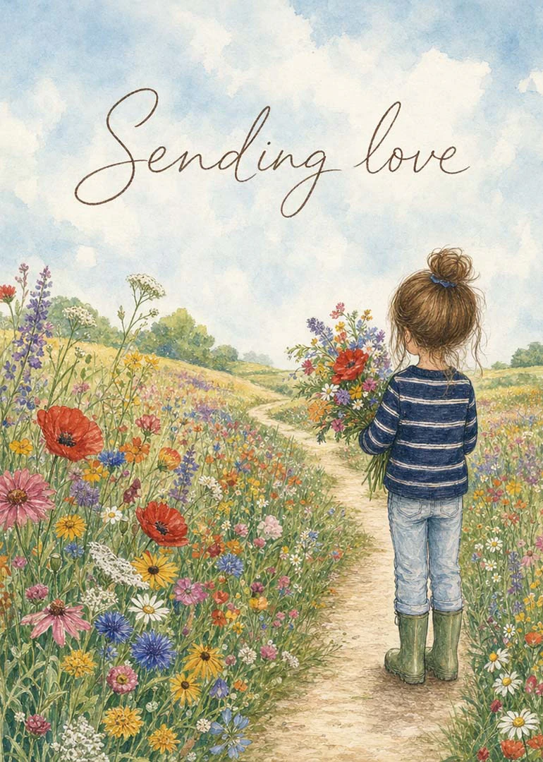A girl carries flowers through a wildflower meadow beneath the words Sending love in watercolor.