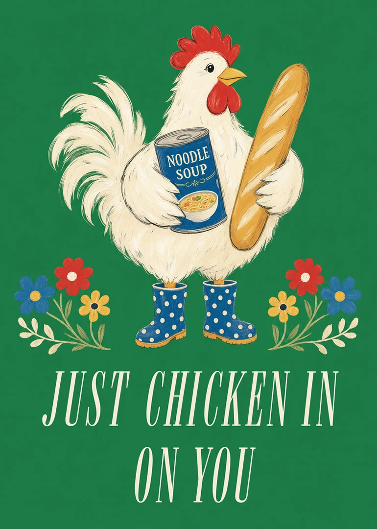 A white chicken holding noodle soup and bread, wearing blue boots beside colorful flowers today.