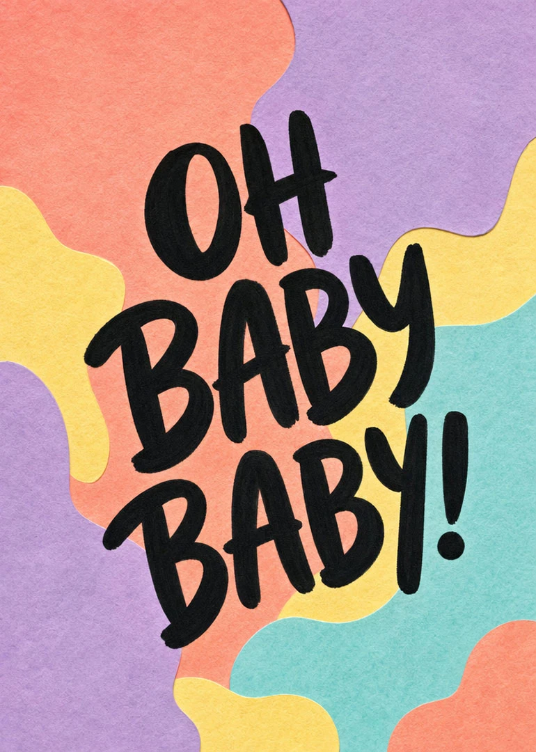 Pastel watercolor card with bold black Oh Baby Baby text on colorful abstract background design.