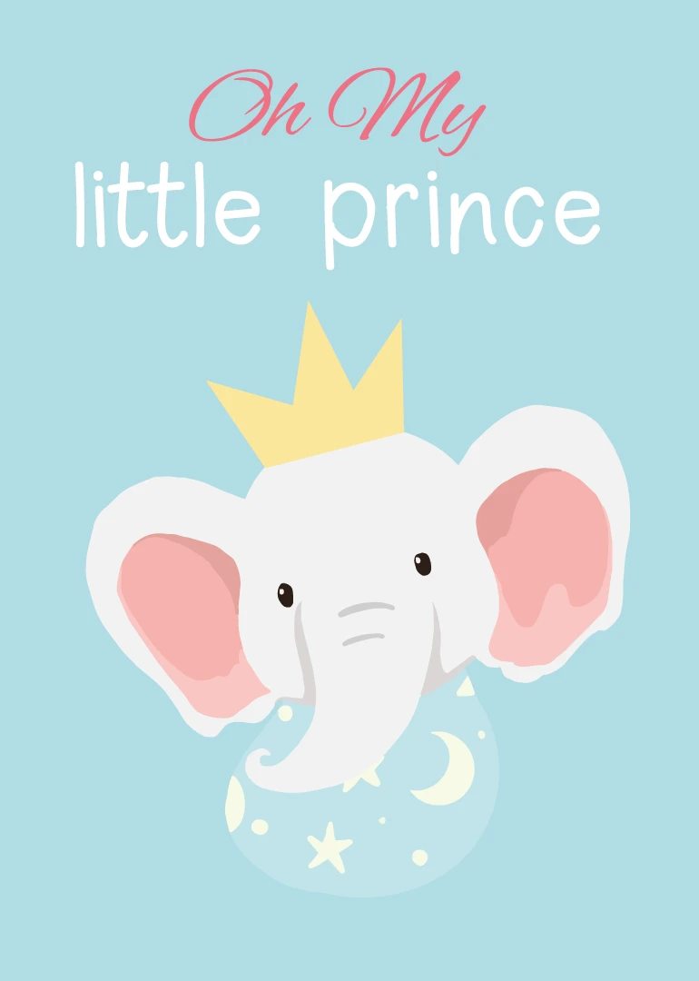Cute elephant prince with crown on pale blue background and moon and stars bib design.