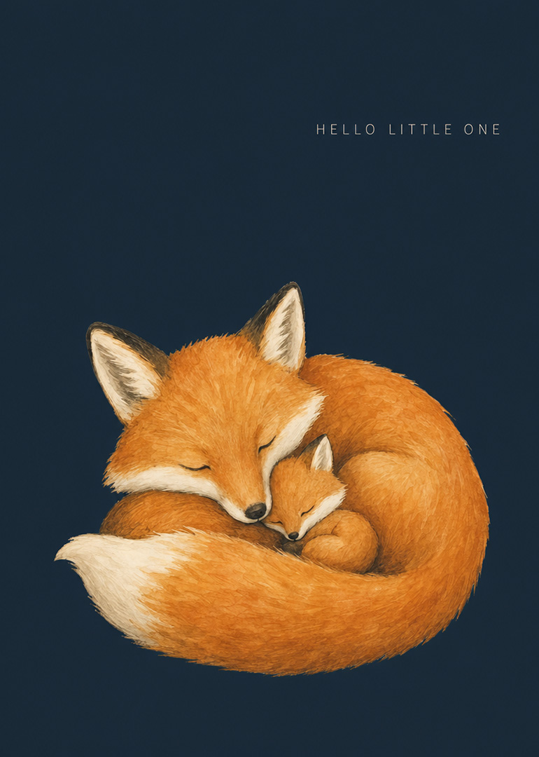 Illustration of a sleeping fox and its baby curled up with text