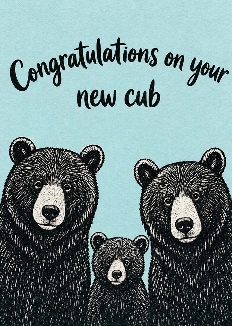 Three black bears on a blue background with text congratulations on your new cub card.