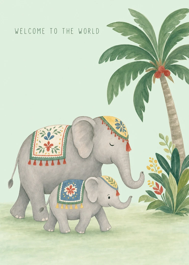 Watercolor mother and baby elephants beneath a palm tree with welcome to the world text.