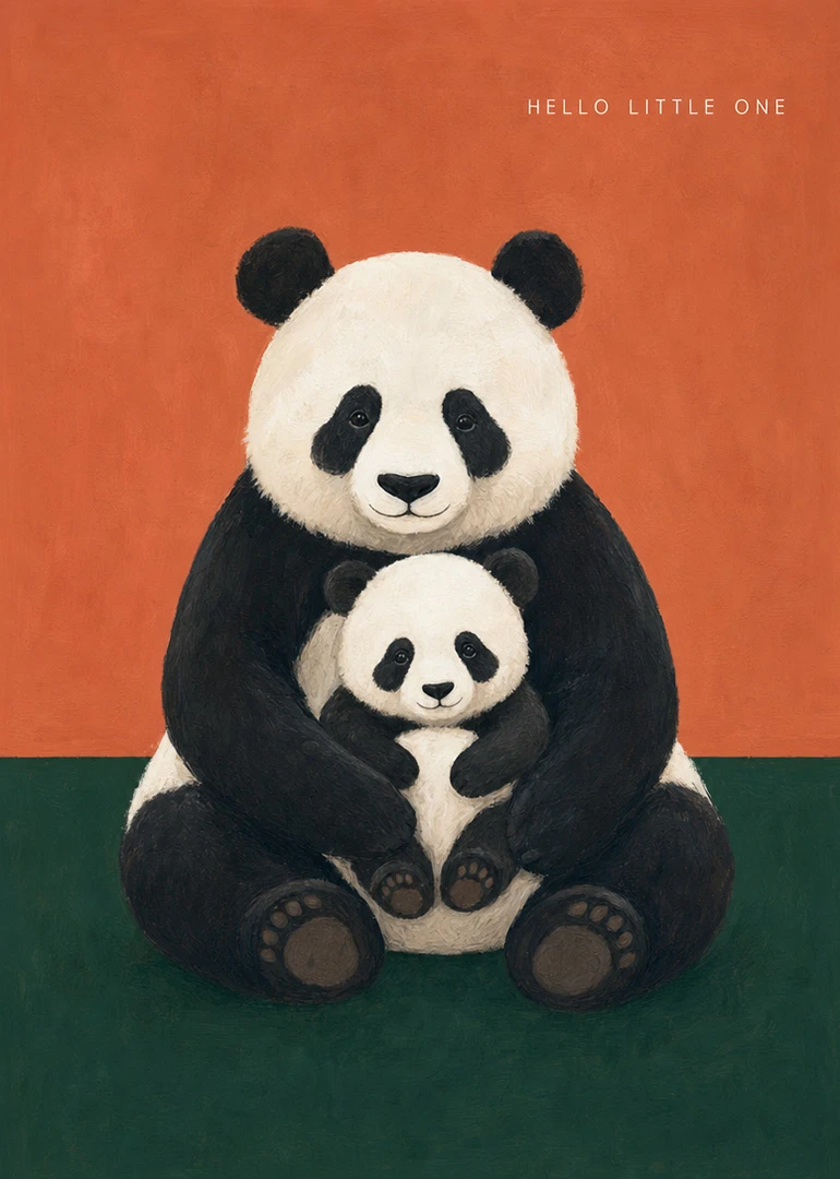 A parent panda cuddles a baby panda beneath hello little one on an orange background.