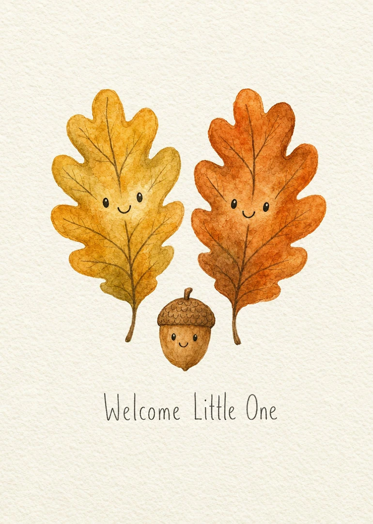 Two smiling autumn leaves and an acorn say Welcome Little One on a soft background.