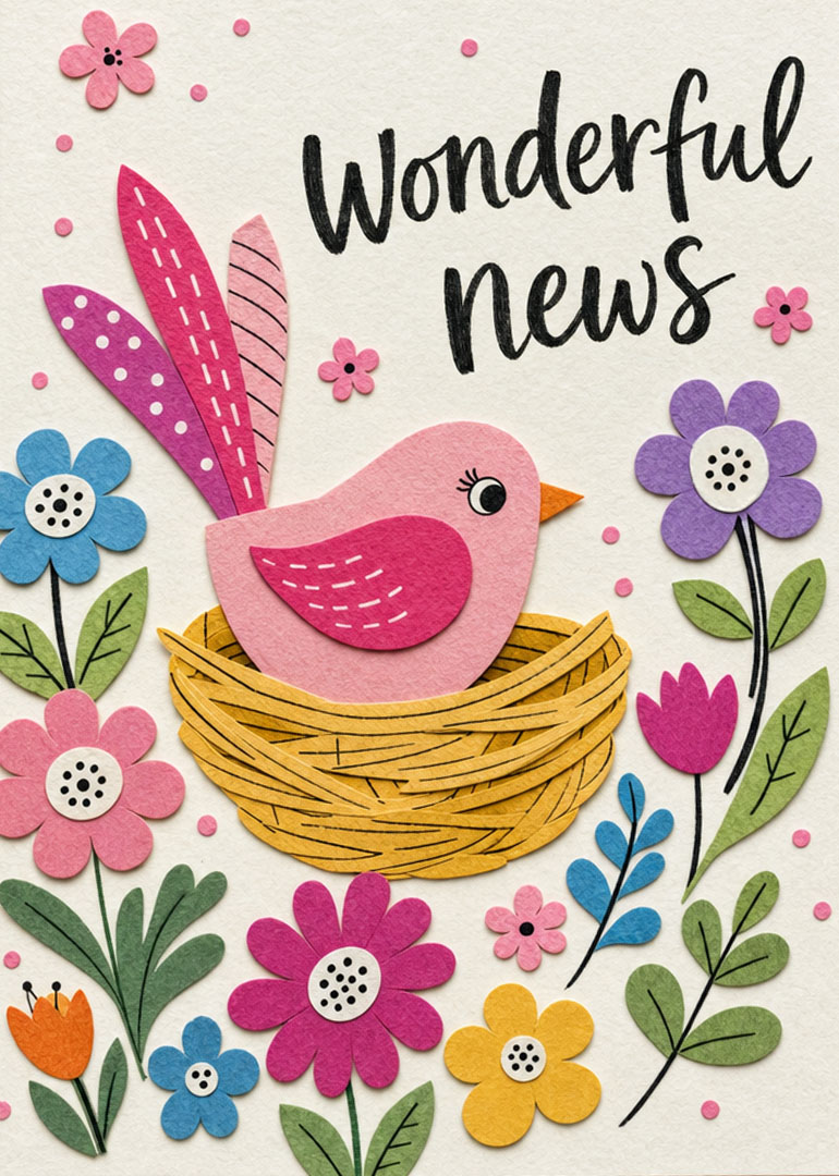 Pink bird in nest with colorful flowers and wonderful news text