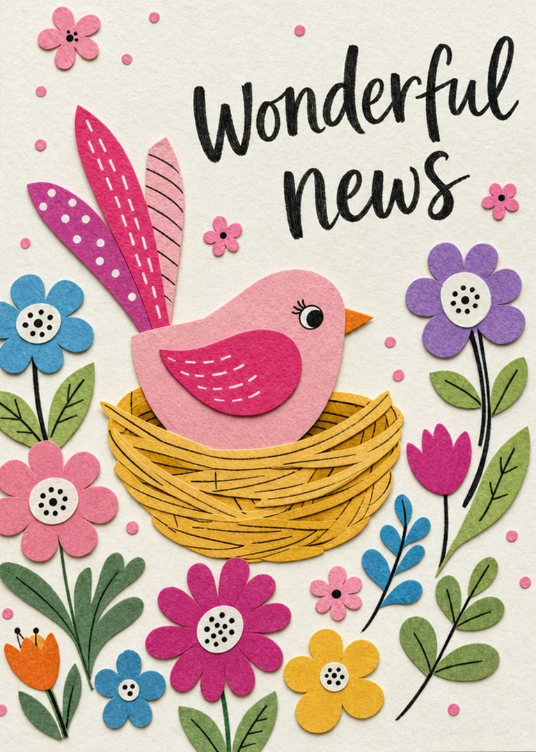 Paper bird in a nest surrounded by flowers with the words Wonderful news in script.