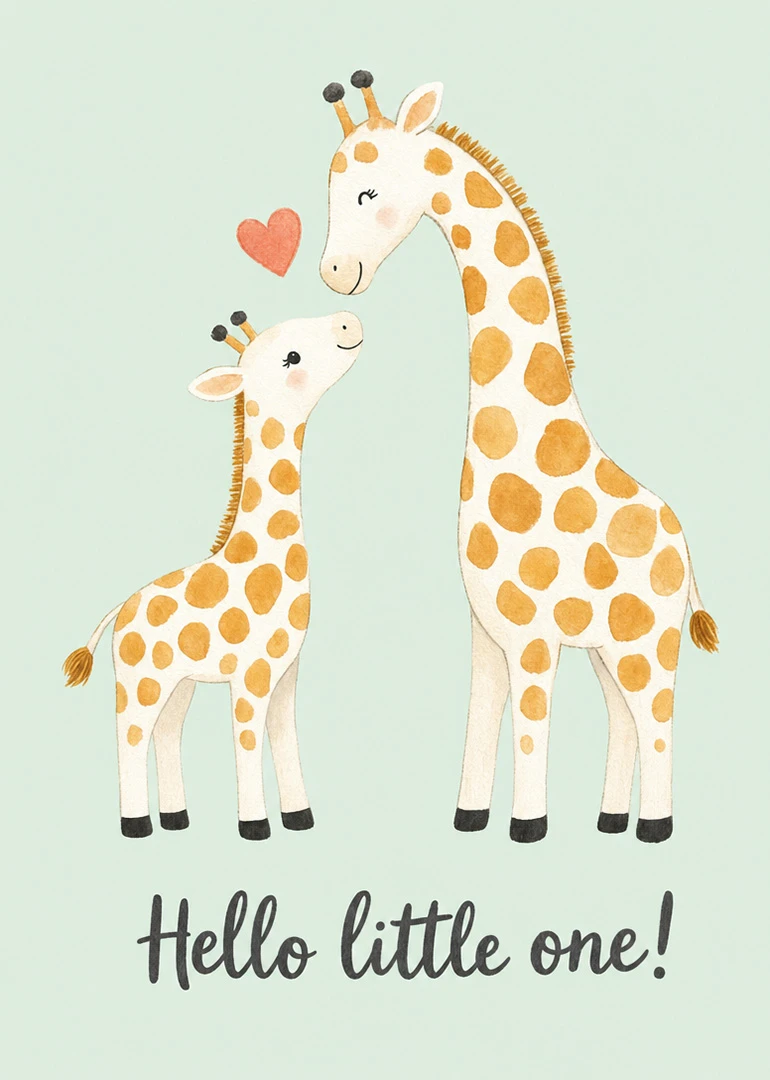 Two watercolor giraffes share a heart above the words Hello little one on mint background.