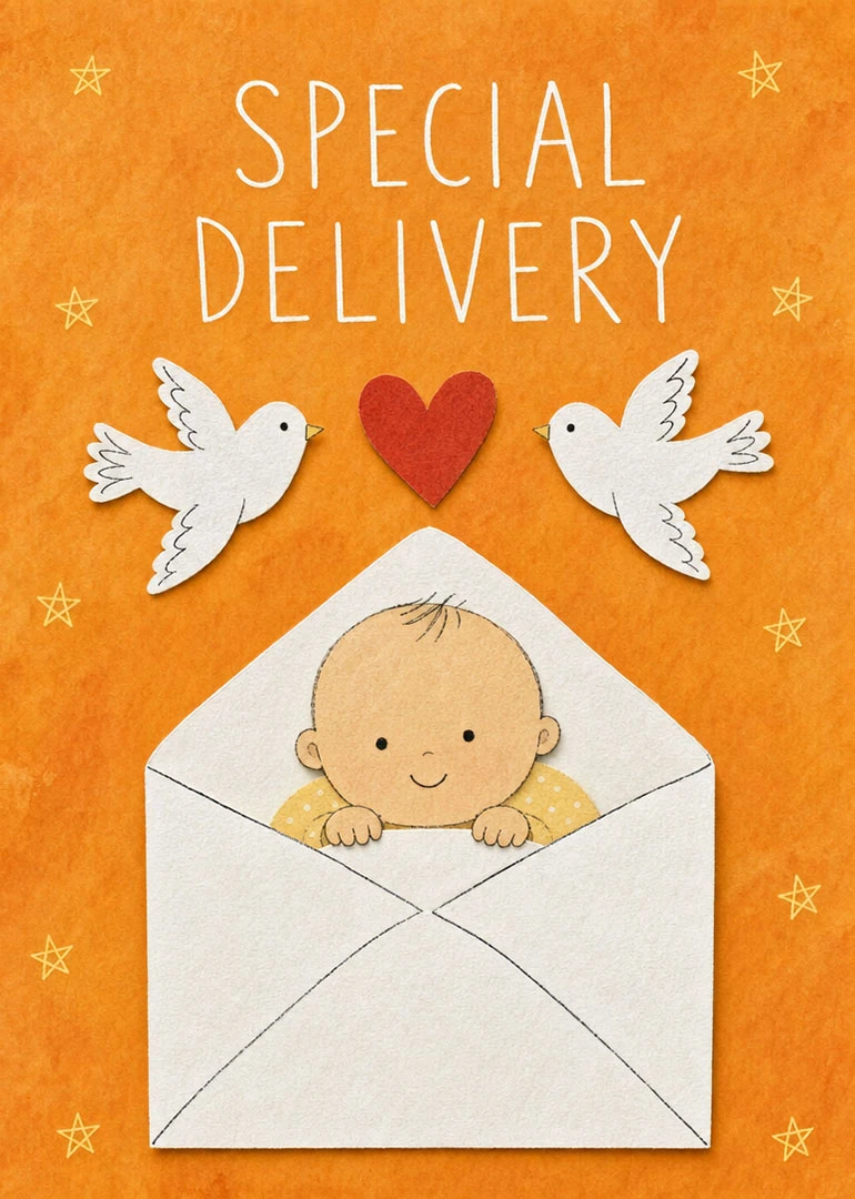 A baby peeks from an envelope beneath special delivery text, doves, and a red heart.