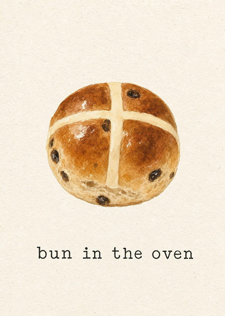 Watercolor hot cross bun illustration with bun in the oven text on textured cream paper.