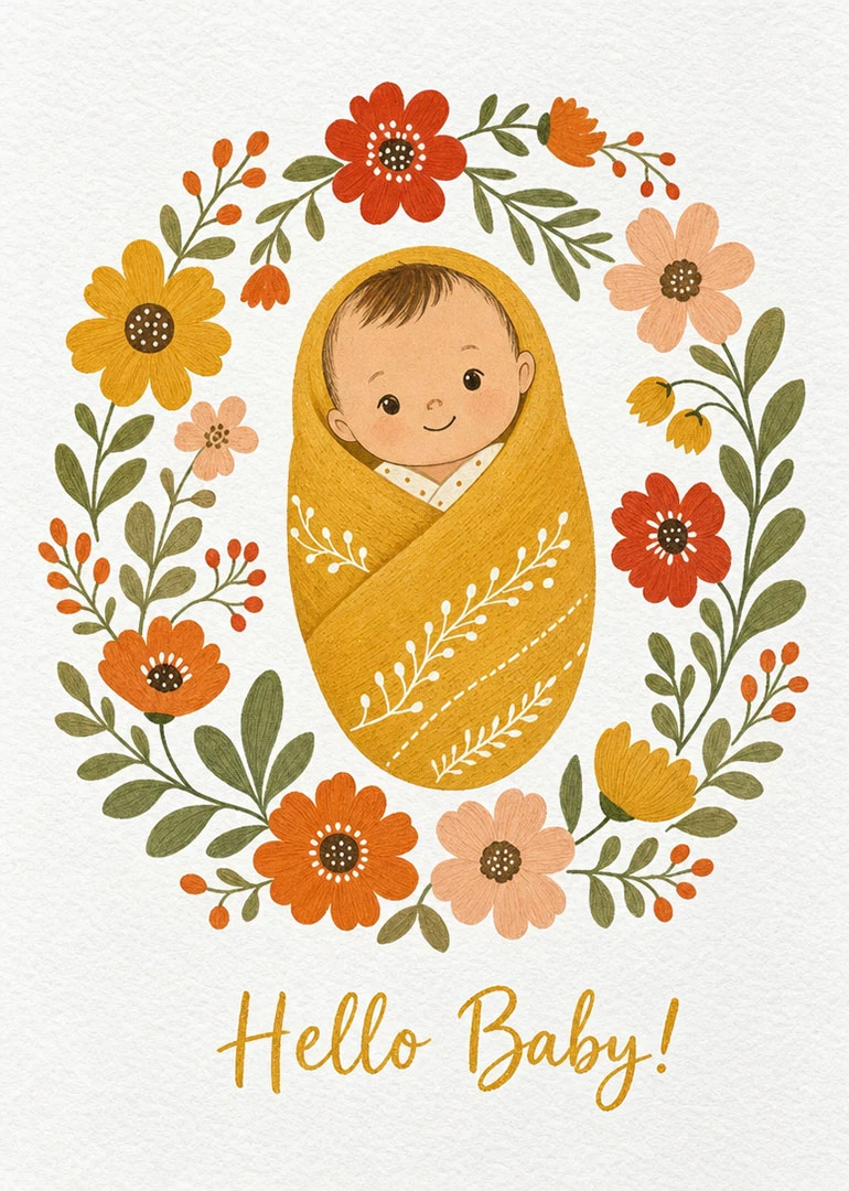 Swaddled newborn baby surrounded by flowers with Hello Baby text in warm yellow tones throughout.