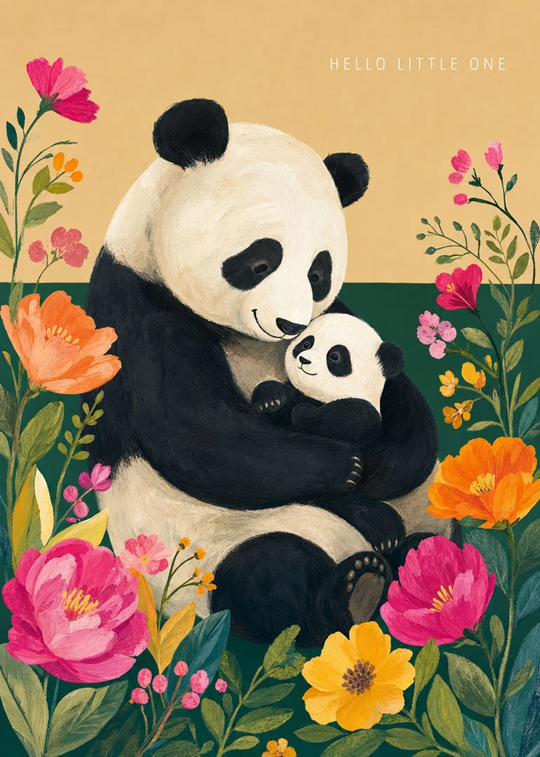 Panda mother cuddles baby panda surrounded by bright flowers with Hello Little One text above.