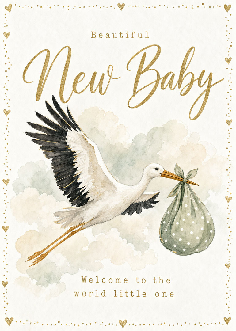 Watercolor stork carrying bundle with text new baby and welcome message