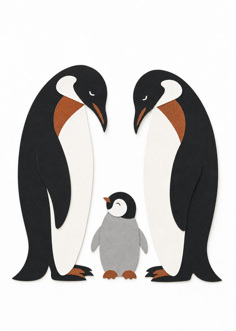 Paper cut penguin family with two adults and happy baby penguin