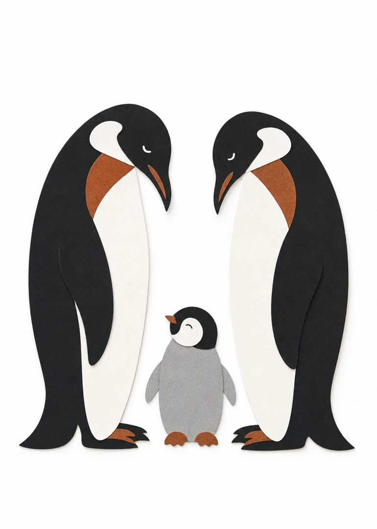 Two adult penguins stand beside a fluffy chick on a plain white background, centered together.