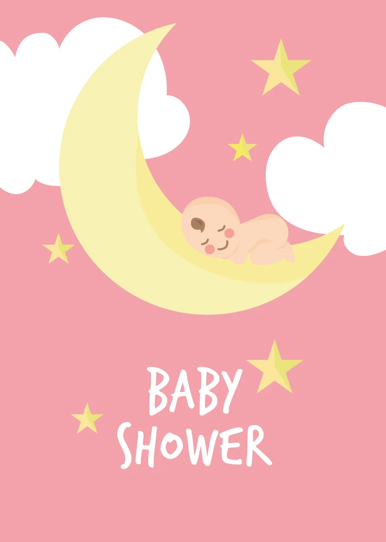Sleeping baby rests on a crescent moon among stars on a pink baby shower card.
