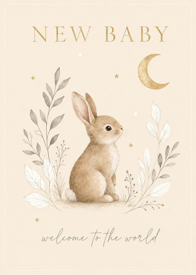 Watercolour rabbit sits beneath moon and stars, with New Baby and welcome to the world.