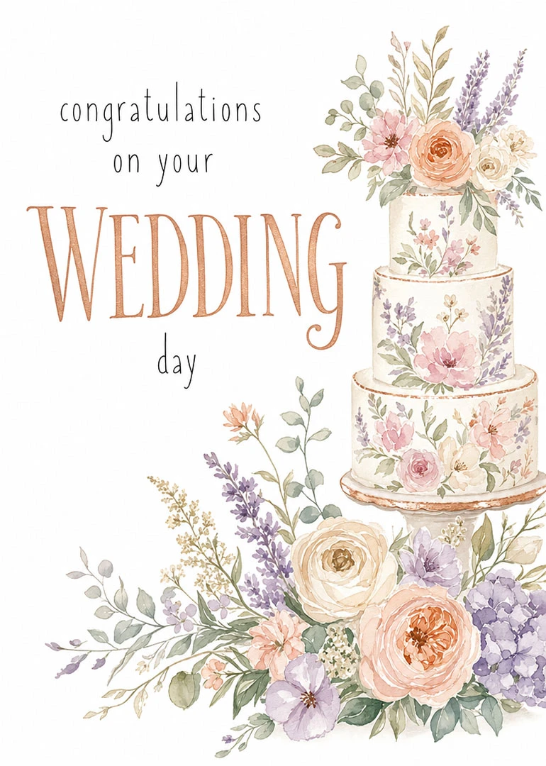 Watercolor wedding card with floral tiered cake and congratulations on your wedding day message visible.