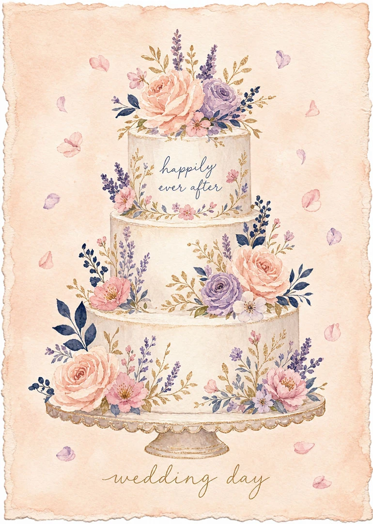 Watercolor floral wedding cake with happily ever after and wedding day text on parchment background