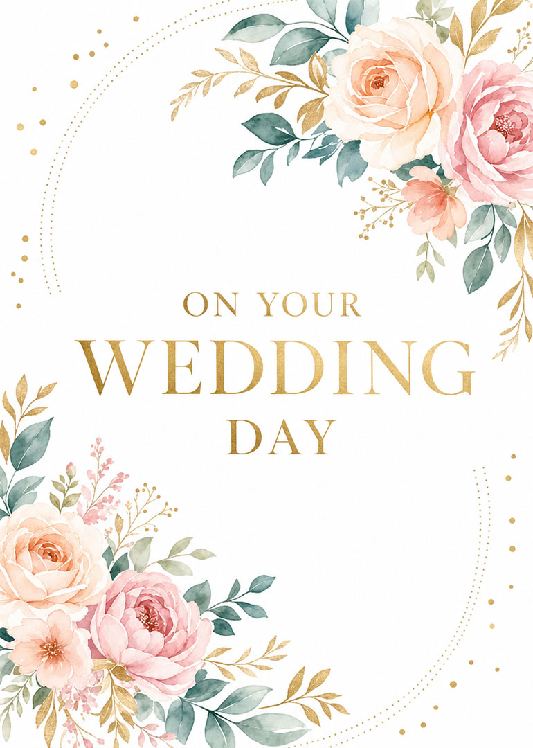 Elegant wedding card with gold text and pastel floral decorations