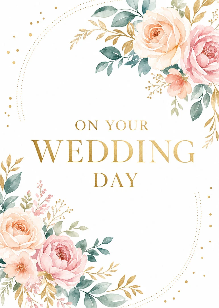 Watercolour roses and leaves frame gold text reading On Your Wedding Day on white background.
