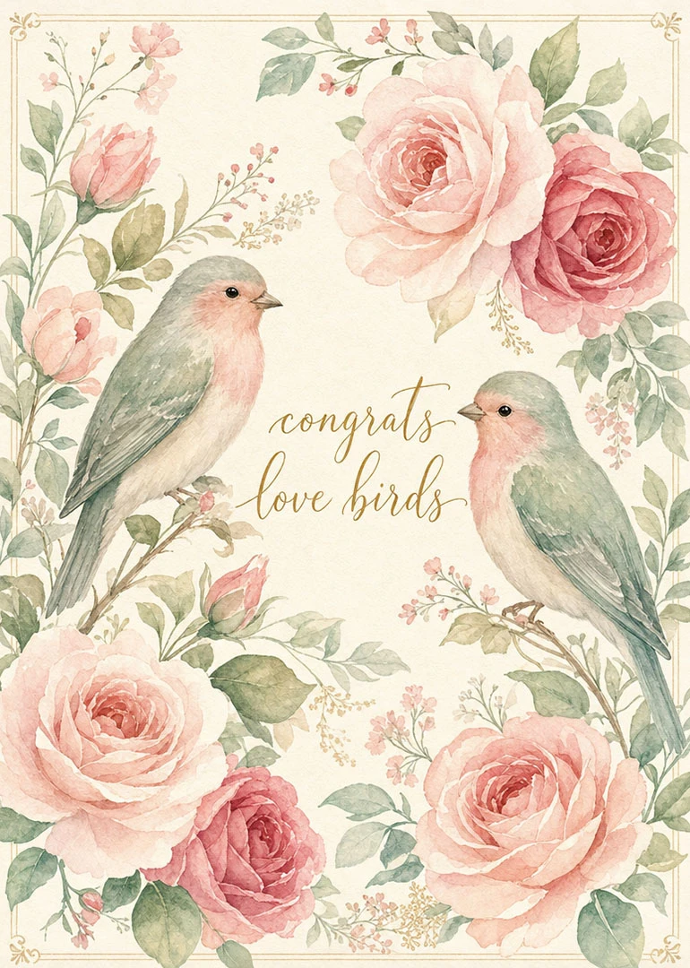 Watercolor love birds among pink roses with congrats love birds text.