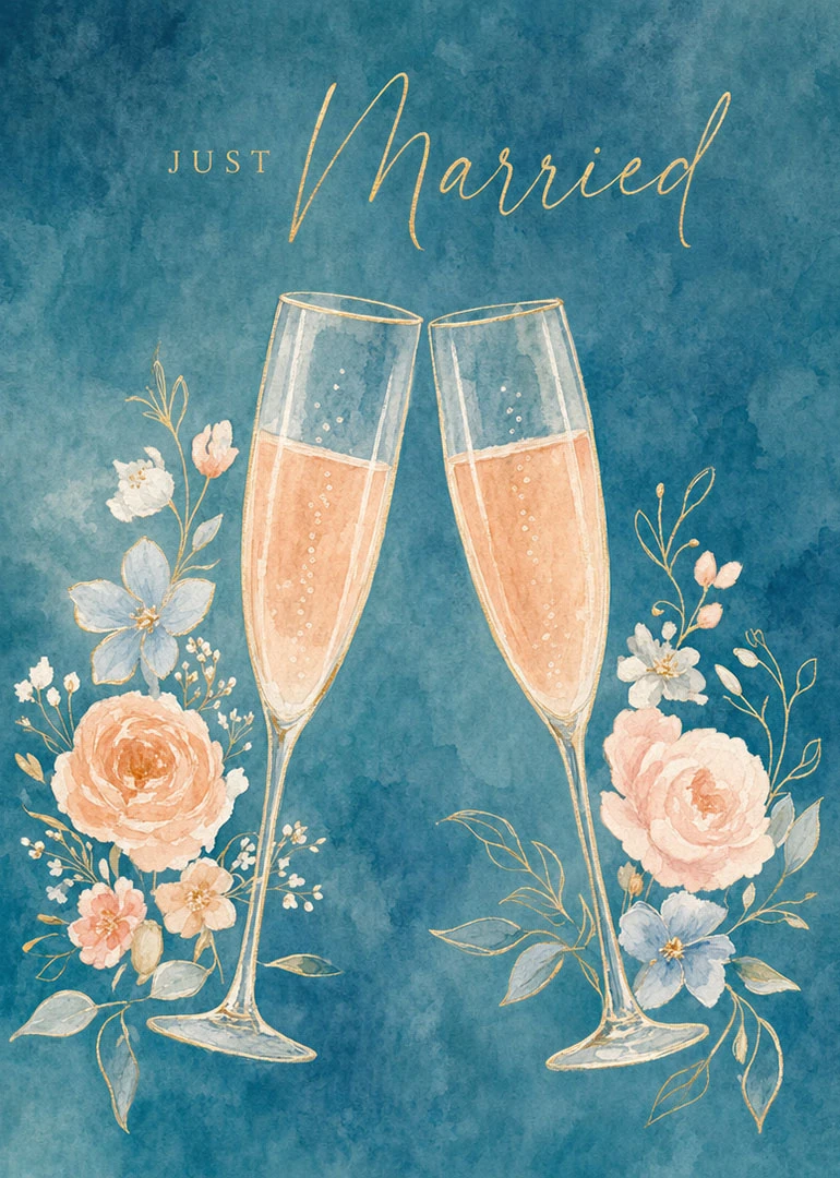 Watercolour Just Married card with champagne flutes, blush flowers, and a deep blue elegant background.