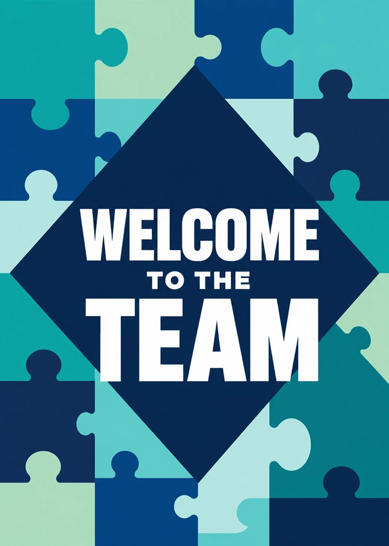 Blue puzzle-piece card saying Welcome to the Team in bold white text on navy diamond.