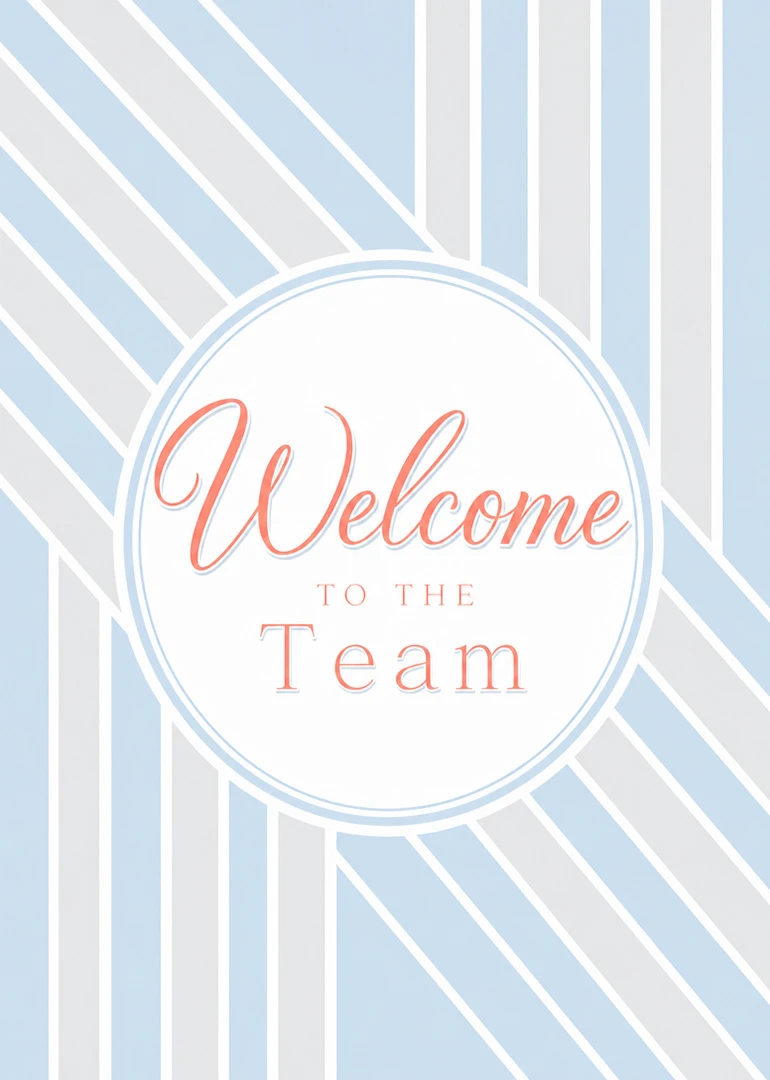 Pastel blue striped card with Welcome to the Team text inside a white circle centered.
